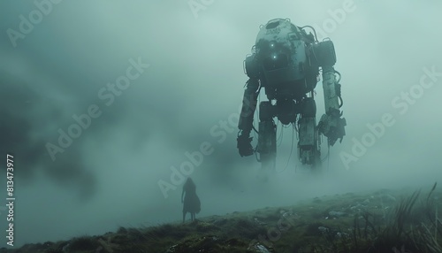 A giant robot stands in a foggy landscape. A woman stands in the foreground.