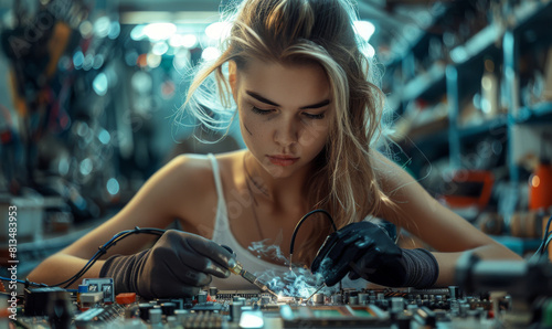 Close-up studio photo of a woman doing soldering repair on a computer soldering board.