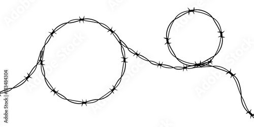 Barbed wire twisted ring y2k, round border tattoo, gothic textured steel frame, spiky oval barrier, silhouette isolated on white background.