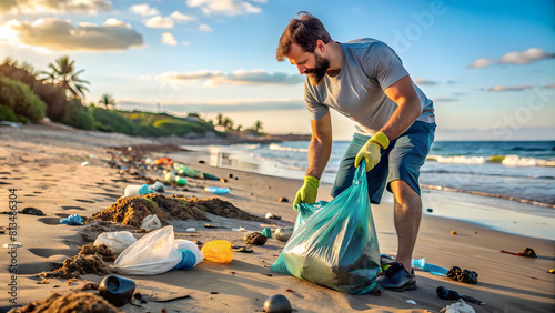 Beach Cleanup: Volunteer Protecting Marine Ecosystem. Perfect for: World Oceans Day, Coastal Cleanup Day, environmental volunteering, beach conservation, marine habitat preservation.