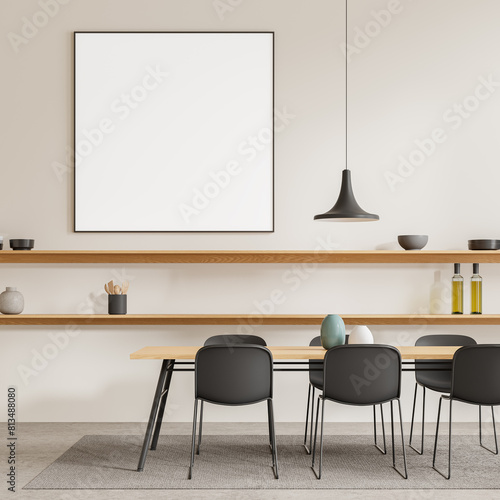Elegant kitchen interior with eating table and chairs, shelf and mockup frame