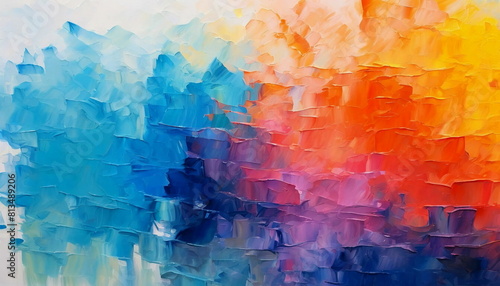 Abstract oil painting of many coloured smudges, transitioning colours from cold to warm hues, blue purple orange background.