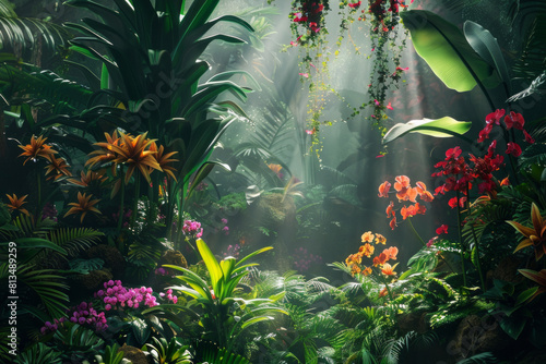 Rainforest jungle with colorful flowers for background
