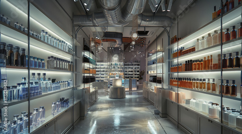A perfume store. Many shelves in a store are stocked with numerous bottles of perfume in various shapes, sizes and scents. Generative AI.