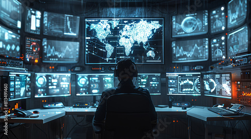 A control room, men in black headquarters with monitors and stuff showing technical information and charts. Man in chair is facing screens wearing headphones. Generative AI.