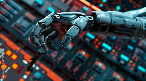 A robotic arm inserting a key into a control panel, initiating a sequence to activate a futuristic spacecraft.