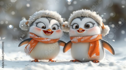 Two cartoon penguins wearing earmuffs and scarves joyfully dance in the snow.