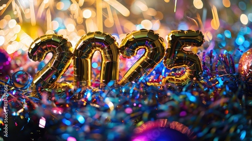 an eye-catching photo featuring the text "2025" crafted from festive streamers and sequins, symbolizing the joyous atmosphere of the New Year. 