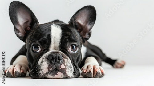A cute black and white Boston Terrier puppy is lying down with its paws in front of him