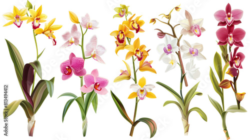 Set of exotic and colorful orchids including cymbidium, dendrobium, and vanilla
