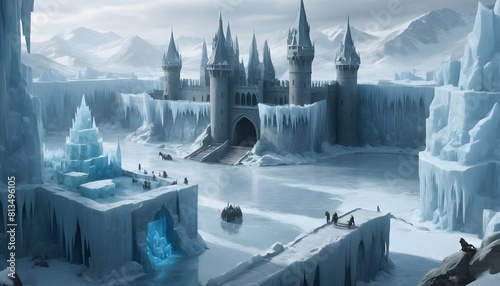 A frozen stronghold surrounded by icy moats and to