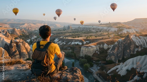 Explorer in yellow watching hot air balloons at sunrise. Adventure travel. Unique landscape. AI