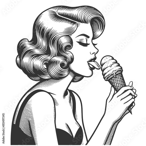 pin-up girl savoring an ice cream cone, depicting classic mid-century indulgence sketch engraving generative ai fictional character raster illustration. Scratch board imitation. Black and white image.