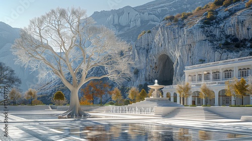 A large wide square paved with white stones, in front of a large white palace in front of a rock face, the square stands a withered dead tree with white bark by a fountain. Generative AI.