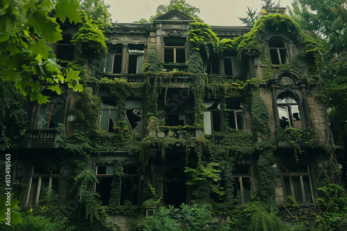A majestic abandoned mansion overgrown with ivy, faded grandeur visible in the intricate architectur 