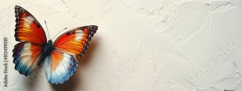 A plain white wall with a single, small, colorful butterfly in the top corner.