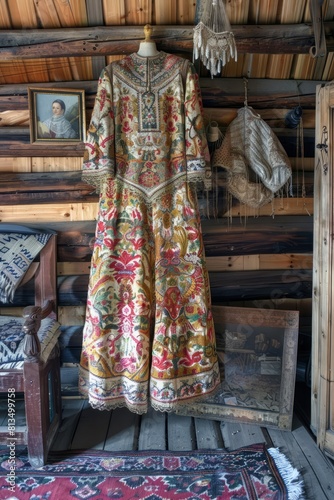 A Russian sarafan dress displayed in a traditional izba hut, featuring rich brocade fabrics and intricate folk embroidery, Generative AI