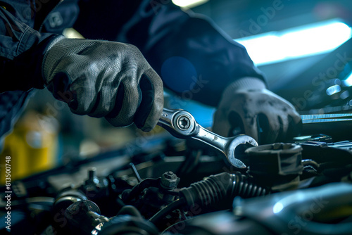 A mechanic repairs a car engine with a wrench in a car repair shop Concept car repair, Mechanical work, Car servicing 