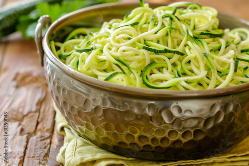 A metal bowl filled with zucchini noodles