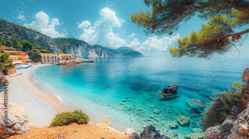 Panoramic Morning View of Antisamos Beach Featuring Turquoise Waters and Serene Landscape