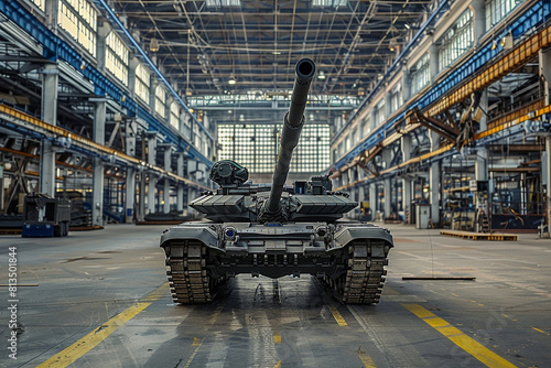 A military or army black tank stands in a huge hangar