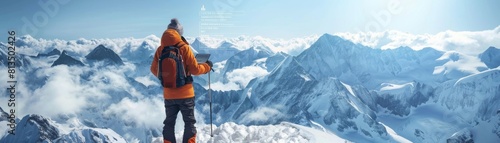 The image shows a man standing on a snow-capped mountain peak