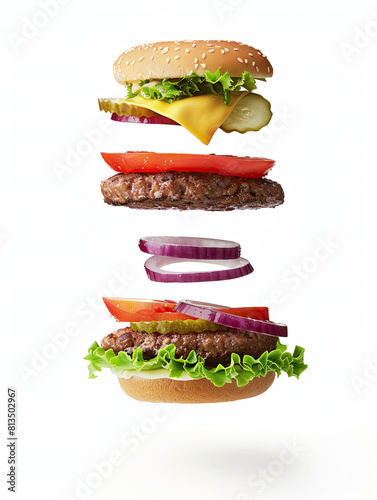 Burger separated ingredients isolated on white background