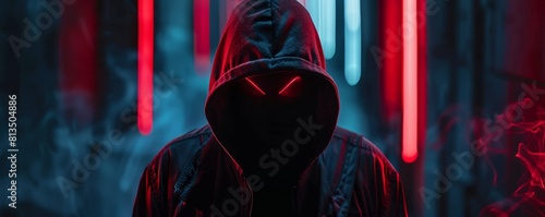 A mysterious figure in a dark hoodie stands in a dimly lit room. Red and blue lights illuminate the smoke-filled air.