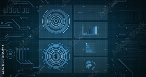 Image of data processing and screens on blue background