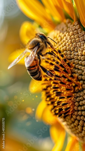 A bee pollinating a sunflower. AI.