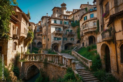 A beautiful narrow street with a bridge and stone buildings on both sides. AI.