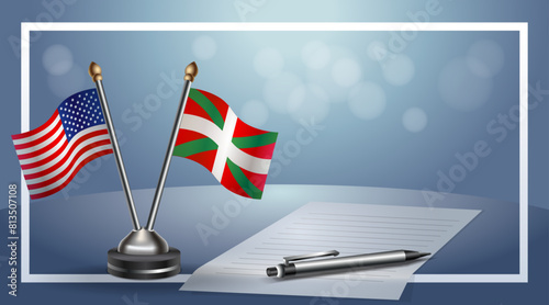 USA and Basque lands Small national flag on bokeh background, cooperative relationship