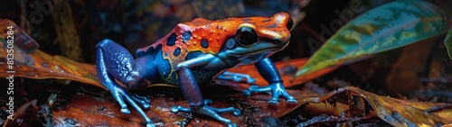 As it hops through the dense foliage, the frog relies on its colorful markings to ward off danger. Its skin secretes potent toxins, providing a powerful defense against would-be attackers.