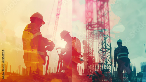 Digital graphic illustration of construction workers and engineers in a double exposure setting, working with civil engineering tools, includes copyspace for text