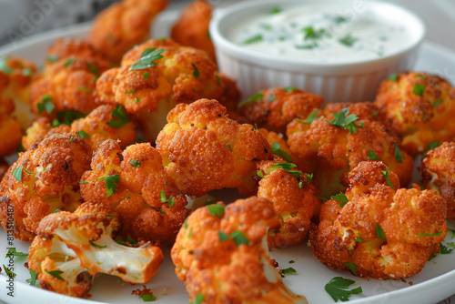 A plate of crispy cauliflower wings with a side of vegan ranch dressing