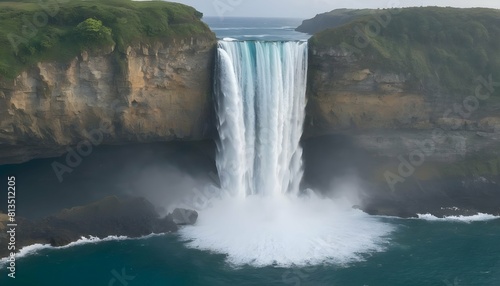 A waterfall cascading down a cliff into the sea upscaled 2