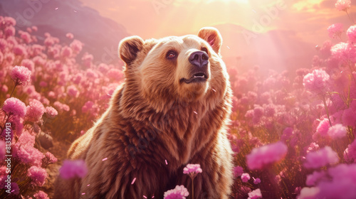 Cute, beautiful bear in a field with flowers in nature, in sunny pink rays. Environmental protection, nature pollution problem, wild animals.