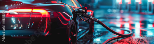 A close-up of a fuel pump dispensing petroleum into a sleek modern car under a high contrast