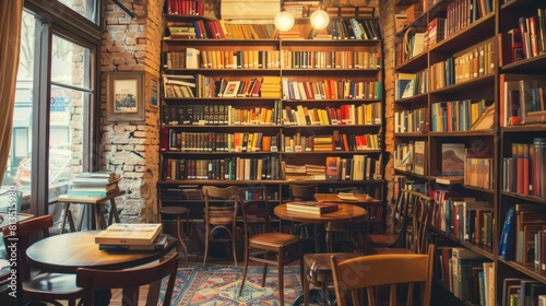 A cozy library with a lot of books and a few tables