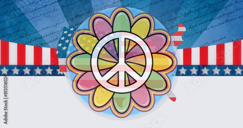 Image of country coloured with flag of usa over peace symbol