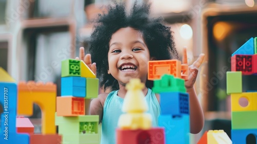A young girl is playing with a large pile of colorful blocks