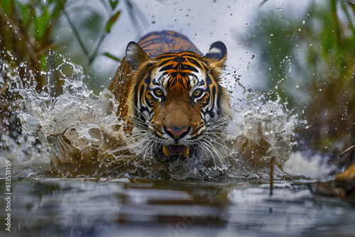 Siberian tiger, Panther tigris altaica, low angle photo direct face view, running in the water directly at camera with water splashing around. Attacking predator in action. Tiger in taiga environmen
