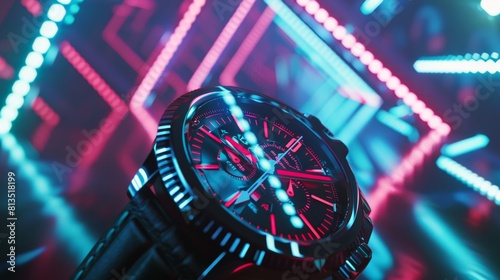 Sleek Retro-Futuristic Watch Analog Digital Display Neon Macro.