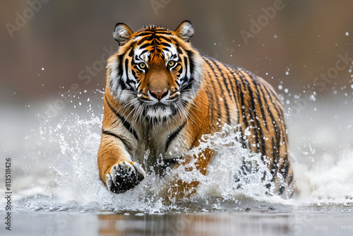 Siberian tiger, Panther tigris altaica, low angle photo direct face view, running in the water directly at camera with water splashing around. Attacking predator in action. Tiger in taiga environmen