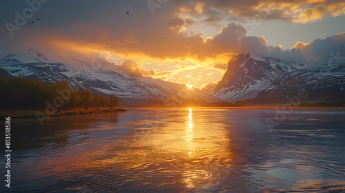 A photo featuring the midnight sun casting its golden light over the rugged landscape of northern Norway. Highlighting the snow-capped peaks and sparkling glaciers, while surrounded by the tranquility