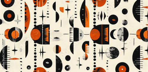  Abstract tribal pattern, seamless and repeating, featuring bold geometric shapes in black, white, orange and beige on a cream background.