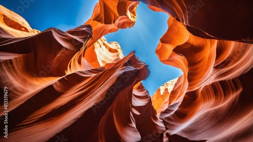 Rock formations and blue sky at antelope canyon
