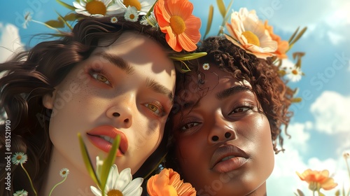 high quality dreamic shot of two realistic biracial women. flowers and sky on the background