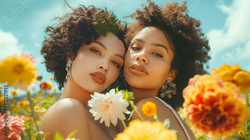 high quality dreamic shot of two realistic biracial women. flowers and sky on the background