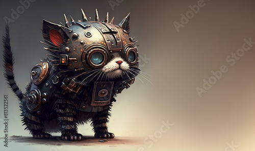 Cyberpunk cat. Cyber pet from future. Cartoon cat with helmet and goggles.